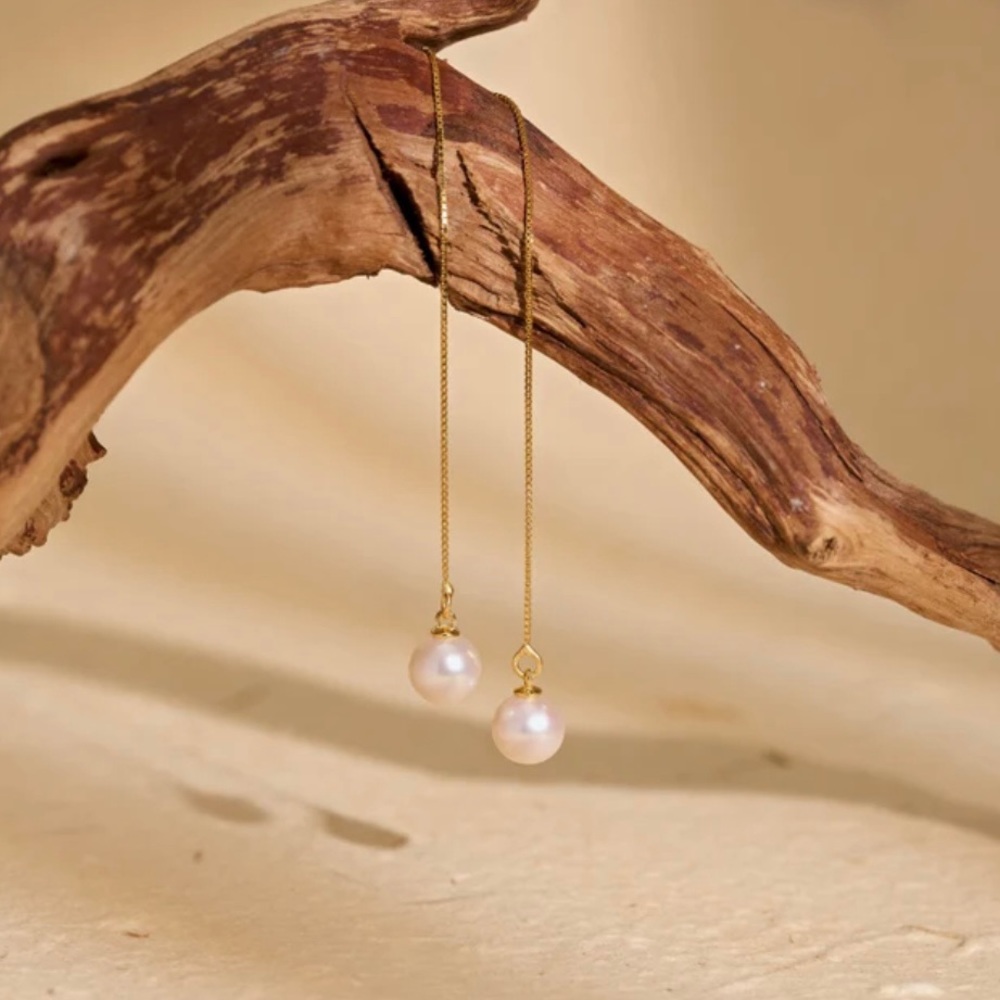 Handmade long drop freshwater pearl earrings with 18k gold fill dangle chain - Picture 3 of 10